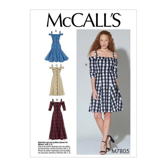 Womens McCalls M7805 Off-Shoulder Gingham Button-Front Dress Sewing Pattern 6-14 - Picture 1 of 8